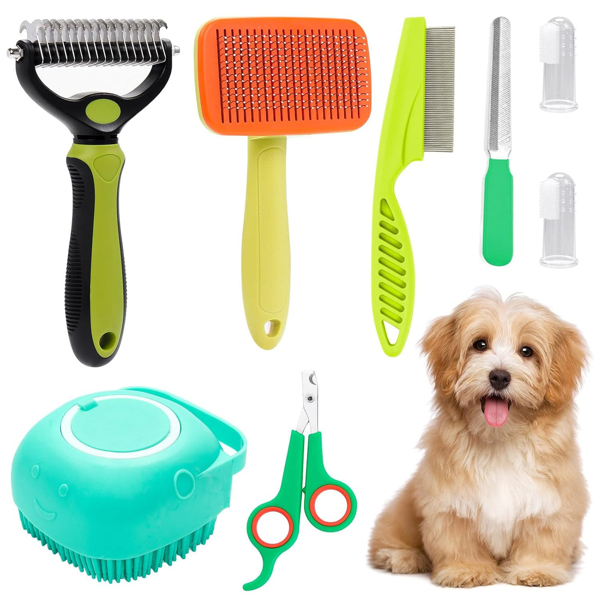 VCZONE 8 Pcs Dog Grooming Kit with Self Cleaning Tools: Nail Clipper, Flea Comb, Shampoo Brush, Shedding Brush, Dematting Comb, Silicone Toothbrush (Pink)