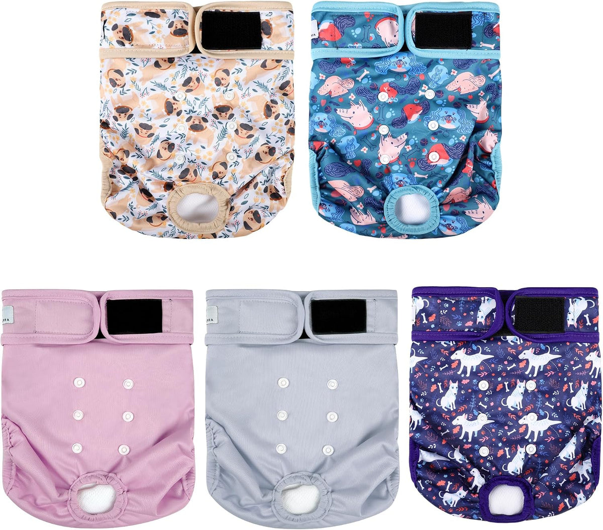 Washable female dog diaper with adjustable fit.