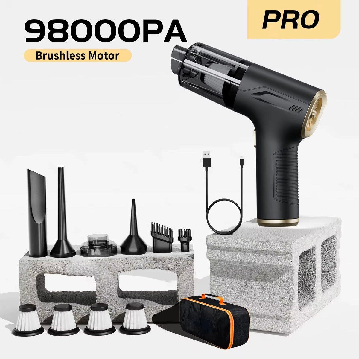 CENRR portable cordless car vacuum with handheld attachments.