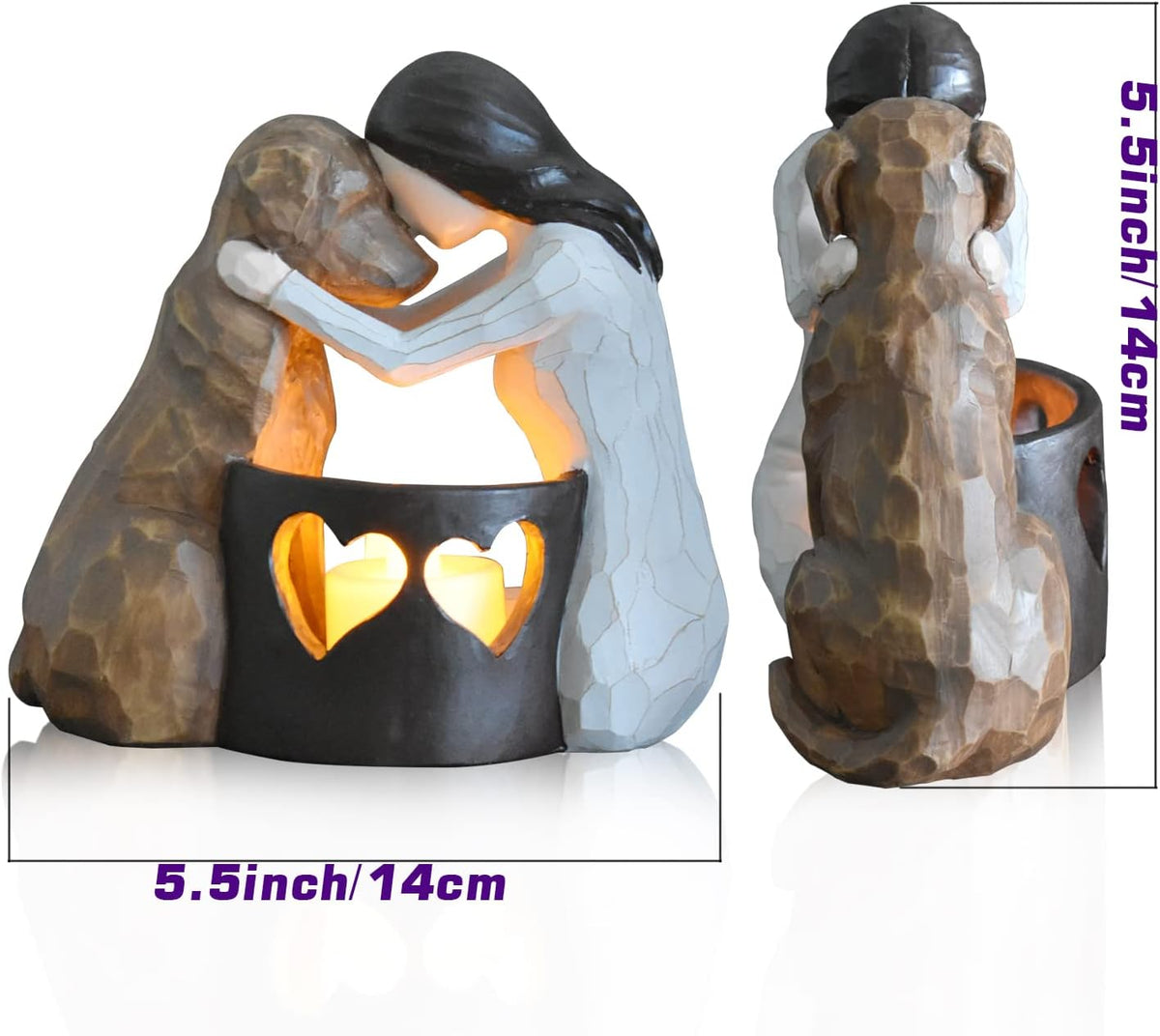 Dog memorial candle holder statue with LED candle.