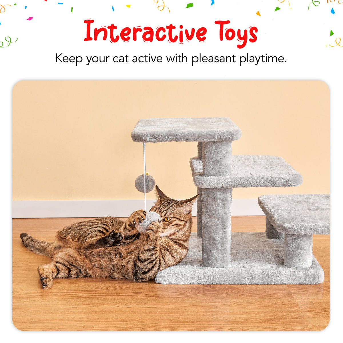 3-step pet stairs for beds and sofas with two toy balls.