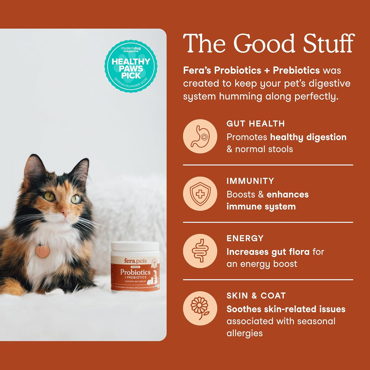 Fera Pets Organic Probiotics powder jar and scoop for dogs and cats.