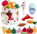 Nocciola 12-piece plush squeaky dog toy set with assorted soft toys and carrying bag.