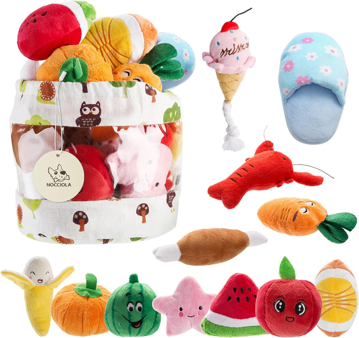 Nocciola 12-piece plush squeaky dog toy set with assorted soft toys and carrying bag.