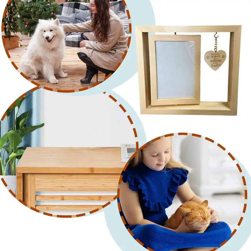 Rotating pet memorial photo frame with heart pendant.