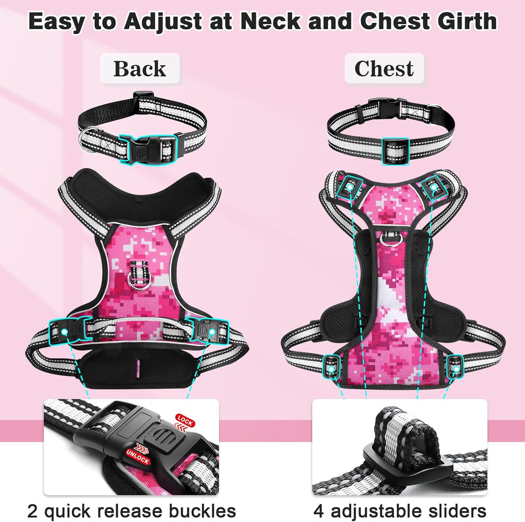 Reflective no-pull dog harness with adjustable straps and front and back leash clips.