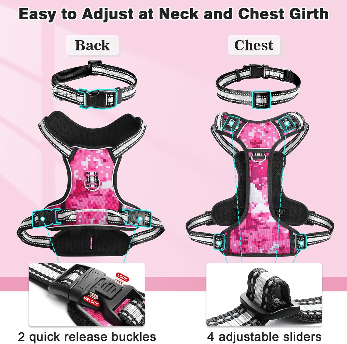 Reflective no-pull dog harness with adjustable straps and front and back leash clips.