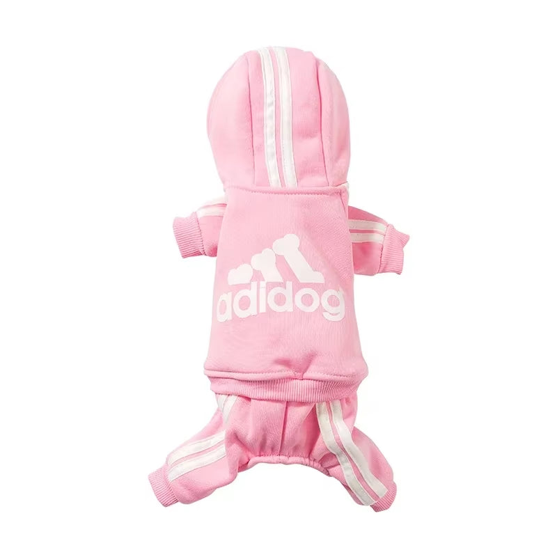 Pink Adidog dog jumpsuit with white stripes