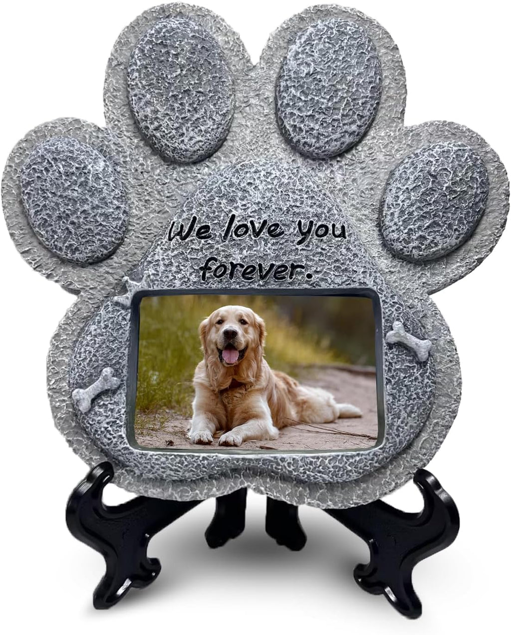 Paw-shaped pet memorial stone with engraved remembrance message.