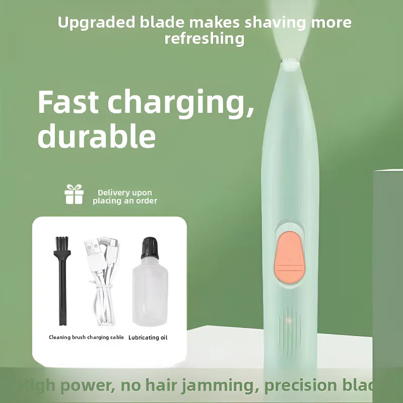 USB-rechargeable pet hair trimmer for grooming paws and small areas.