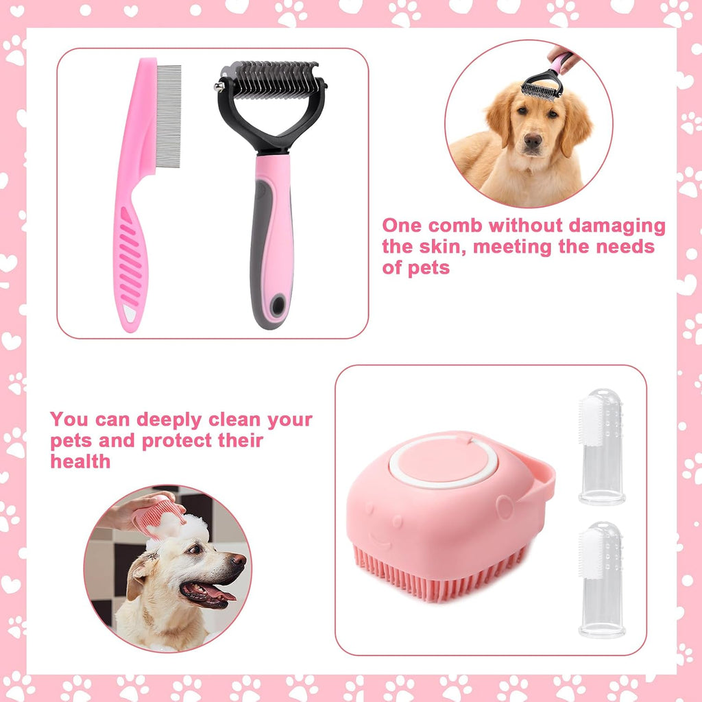VCZONE 8 Pcs Dog Grooming Kit with Self Cleaning Tools: Nail Clipper, Flea Comb, Shampoo Brush, Shedding Brush, Dematting Comb, Silicone Toothbrush (Pink)