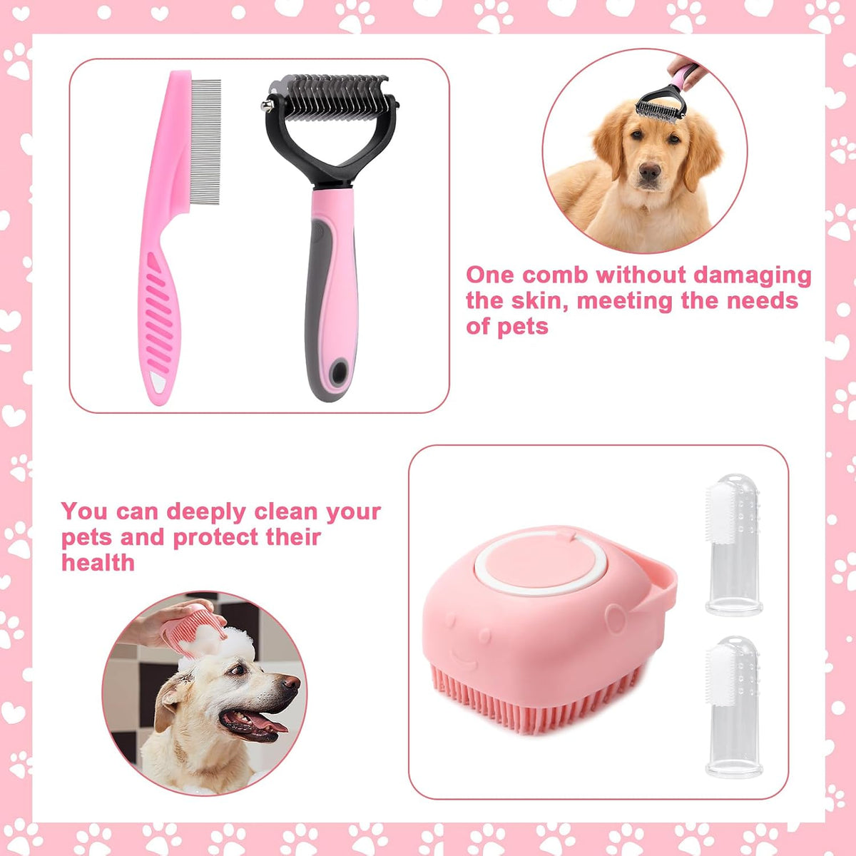VCZONE 8 Pcs Dog Grooming Kit with Self Cleaning Tools: Nail Clipper, Flea Comb, Shampoo Brush, Shedding Brush, Dematting Comb, Silicone Toothbrush (Pink)