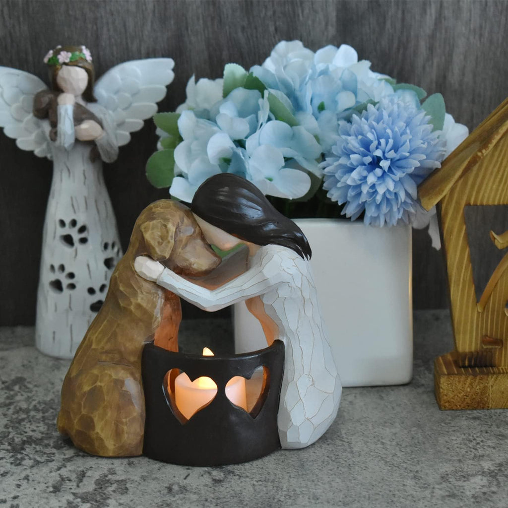 Dog memorial candle holder statue with LED candle.
