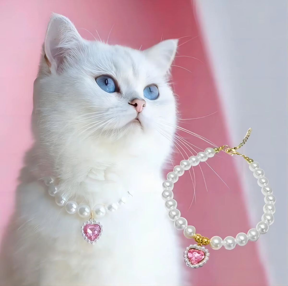 Pearl pet necklace with pink heart pendant