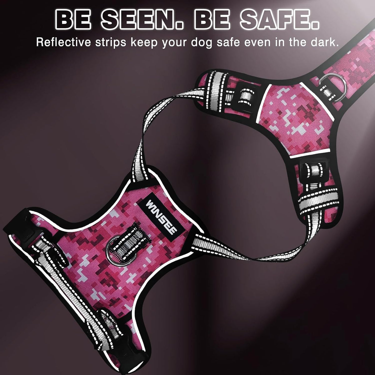 Reflective no-pull dog harness with adjustable straps and front and back leash clips.