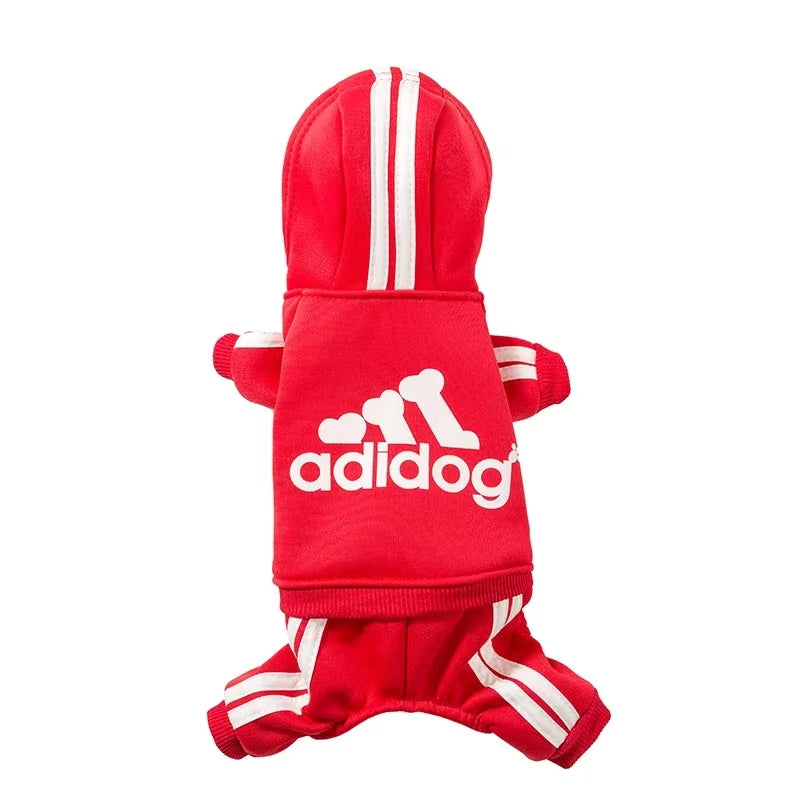 Red Adidog dog jumpsuit with white stripes and bone logo
