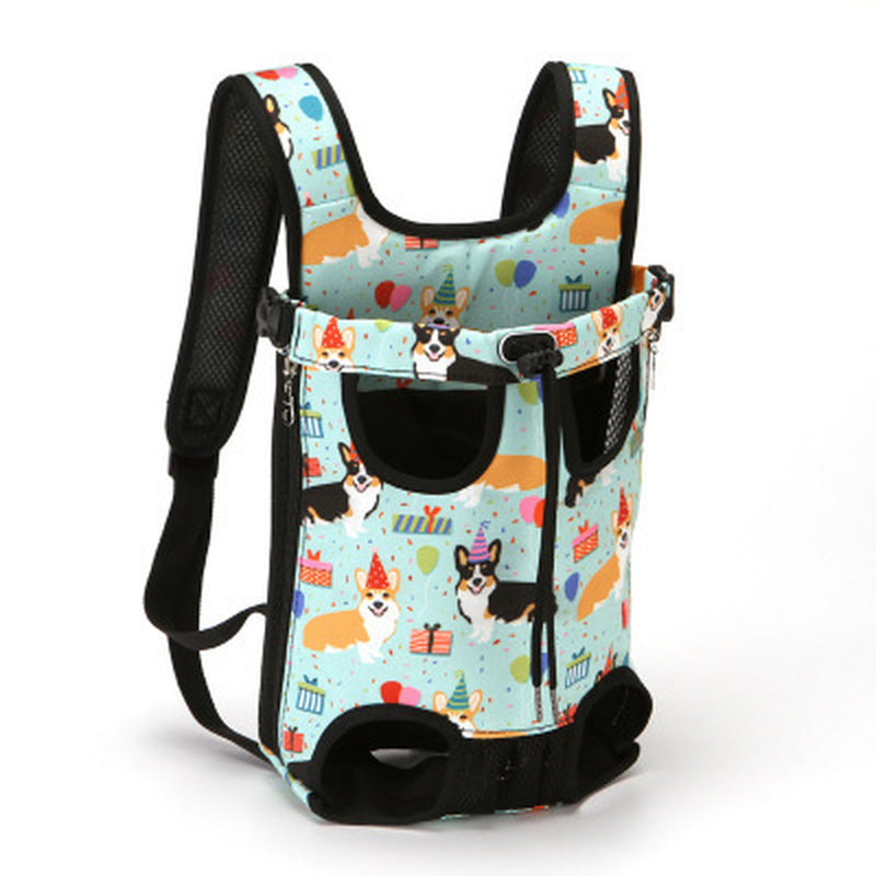 Pet chest carrier bag with adjustable straps and breathable mesh panels for small dogs and cats.