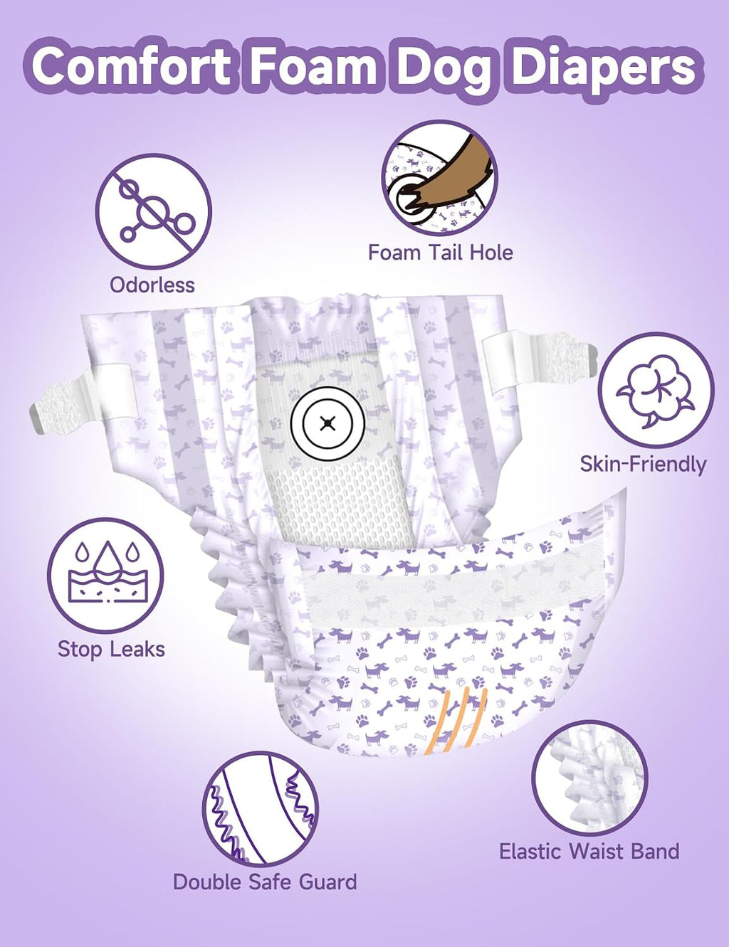 Disposable female dog diaper with absorbent padding and tail opening.