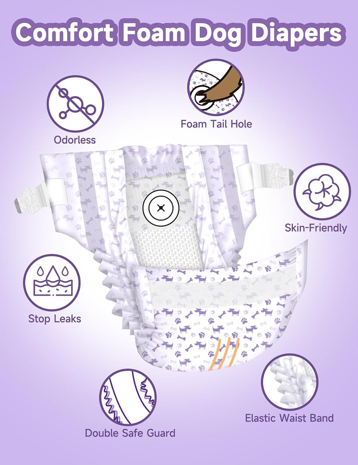 Disposable female dog diaper with absorbent padding and tail opening.