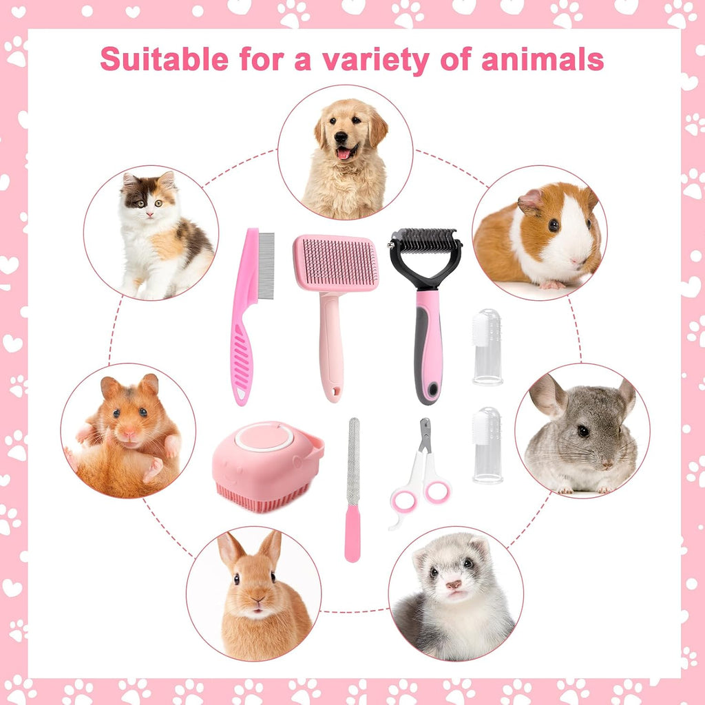 VCZONE 8 Pcs Dog Grooming Kit with Self Cleaning Tools: Nail Clipper, Flea Comb, Shampoo Brush, Shedding Brush, Dematting Comb, Silicone Toothbrush (Pink)