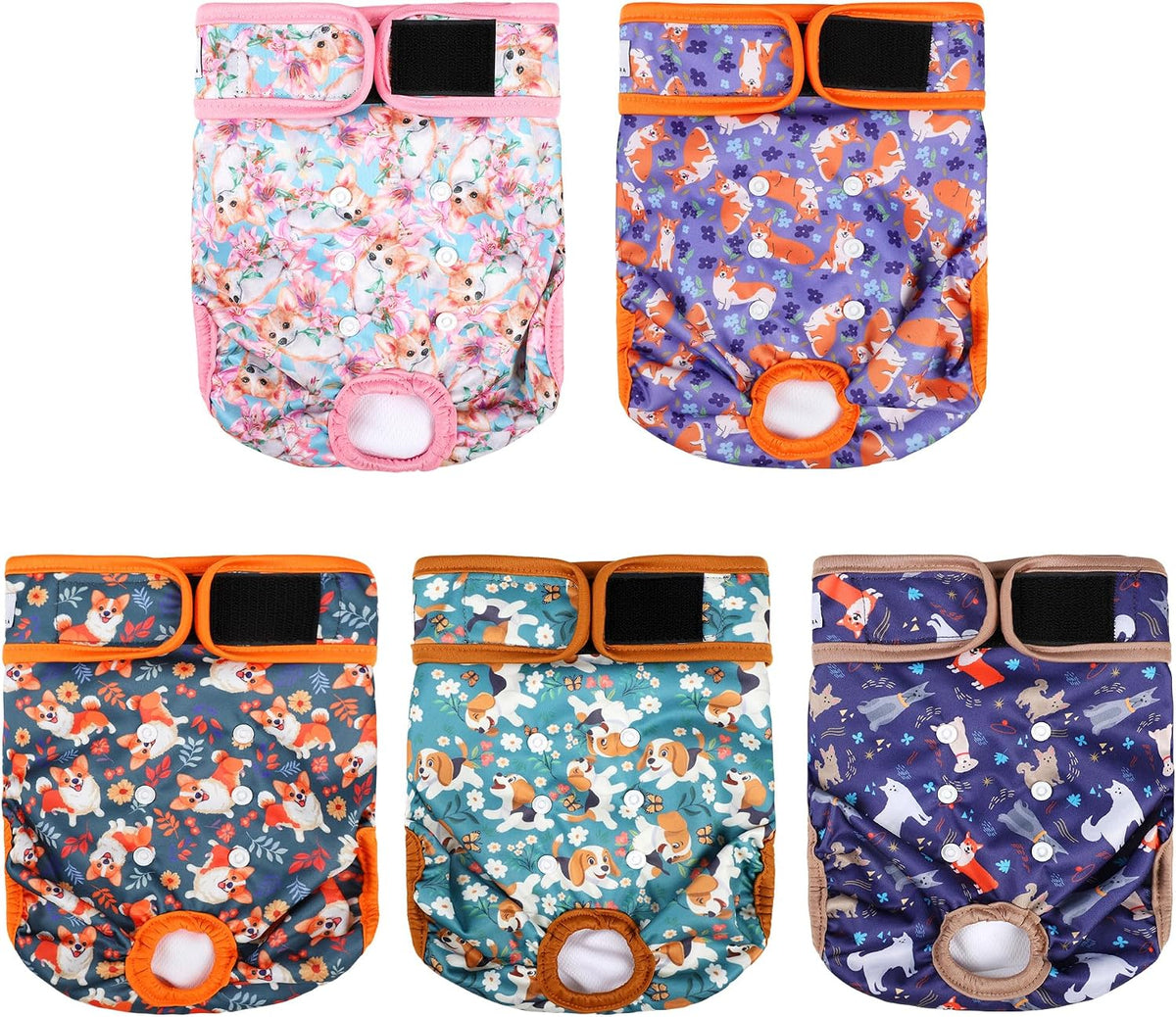 Washable female dog diaper with adjustable fit.