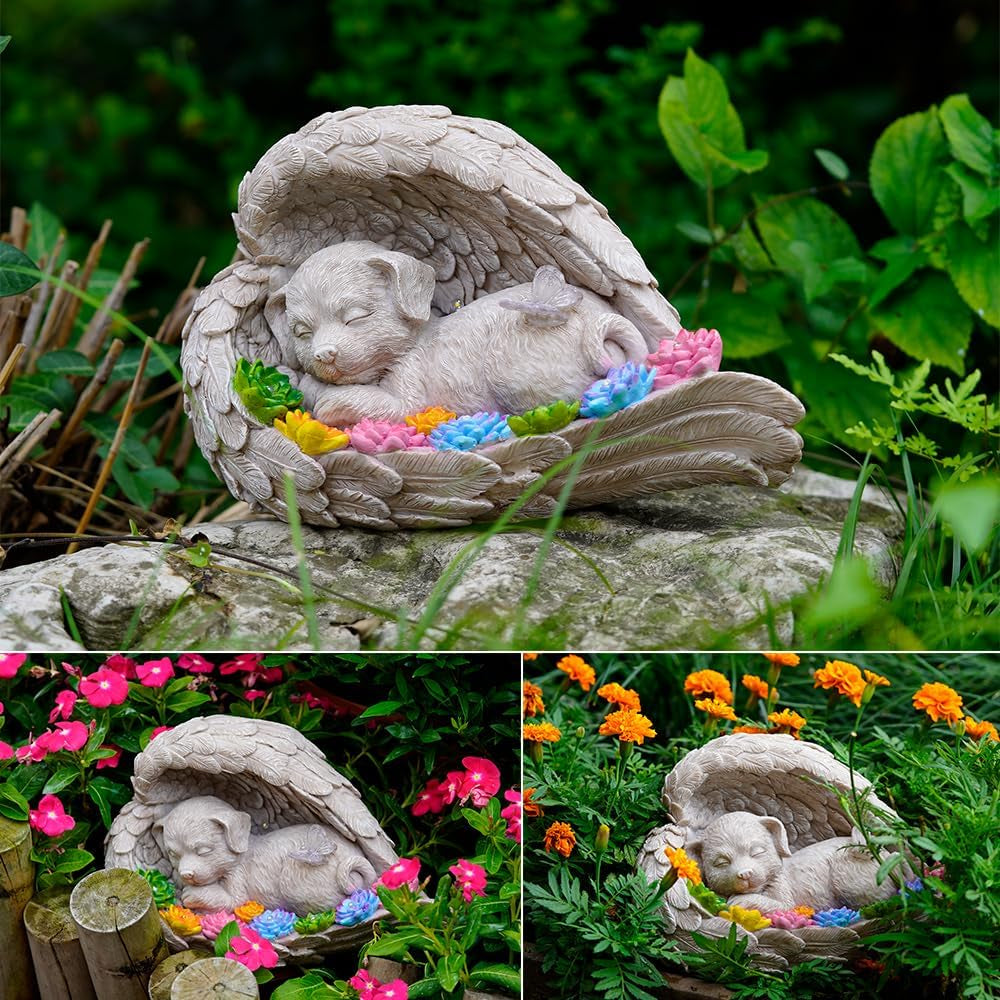 Dog memorial stone with solar angel statue for outdoor remembrance.
