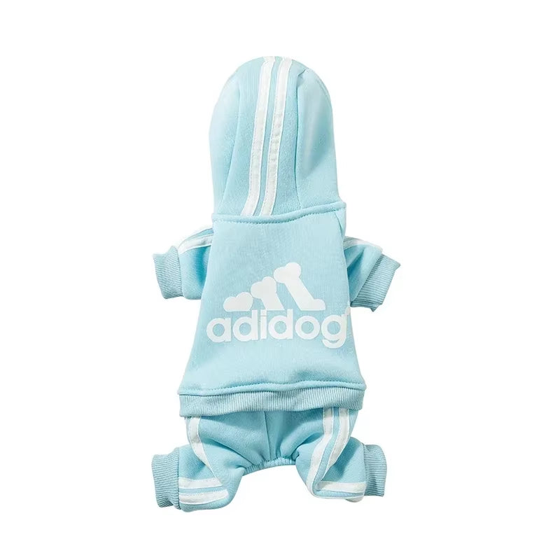 Light blue Adidog dog jumpsuit with white stripes
