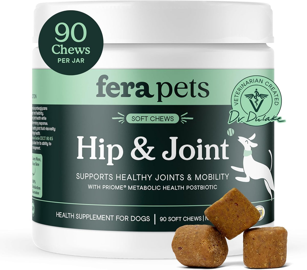 Fera Pets Hip & Joint Supplement for Dogs, chicken bone broth soft chews with glucosamine.